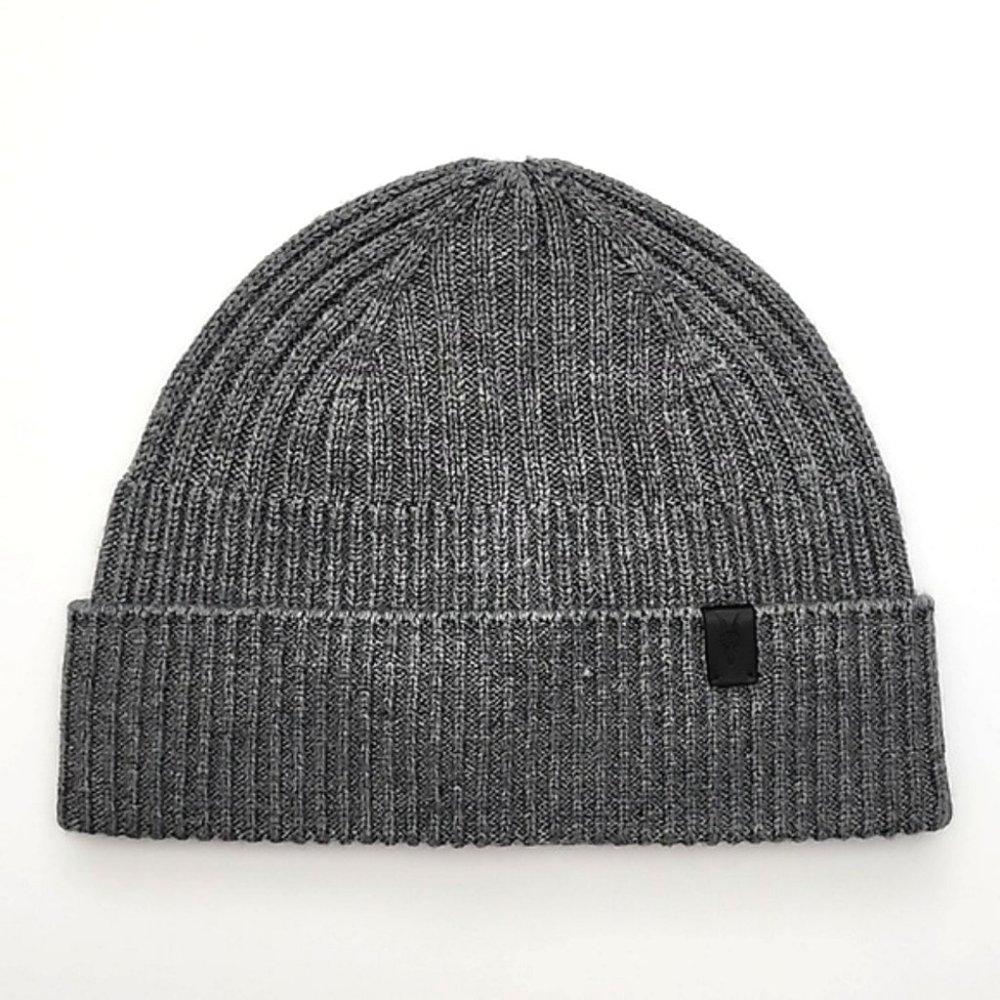 AllSaints Unisex Merino Wool Blend Knit Charcoal Grey Rib Mix Beanie Size OS - Picture 2 of 10